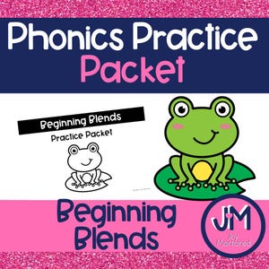 May include: A printable phonics practice packet for beginning blends, featuring a green frog sitting on a lily pad. The packet includes a black and white outline of the frog for coloring.