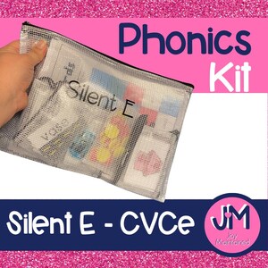 May include: A clear mesh bag filled with colorful phonics cards. The bag is labeled "Silent E - CVCe" and has the text "Silent E" on one of the cards. The bag is labeled "Phonics Kit" and has a logo that says "Joy Maintained".
