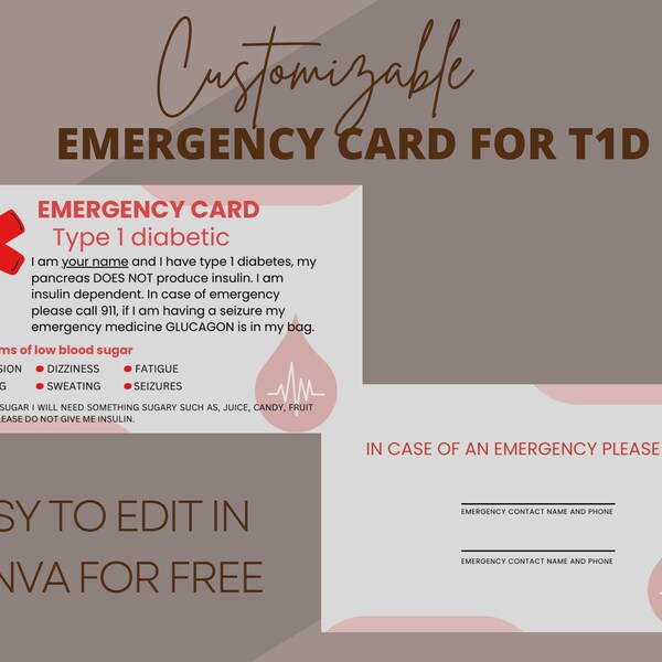 Digital template T1D emergency card, Customizable canva template, Type 1 diabetes card, comes with 2 different templates, wallet size, T1D
