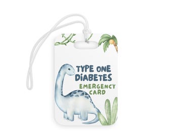 Dinosaur Diabetes Emergency Luggage Tag: T1D Medical Alert Card