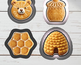 Honey Bear Cookie Cutter Set of Four - Honey Bear Face, Honeycomb, Beehive, and Honey Pot
