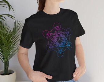 Camiseta com estampa do Cubo de Metatron da Geometria Sagrada | Camiseta Geométrica Mística, Arte com Linhas em Gradiente