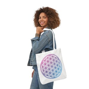Flower of Life Canvas Tote, Sacred Geometry Shoulder Bag, Spiritual Reusable Shopping Bag, Yoga Eco-Friendly Beach Tote, Hippie Boho Market