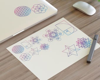 Stickervellen heilige geometrie, stickers spiritueel symbool, levensbloem, levenszaad, kubus van Metatron, Merkaba, Sri Yantra, gulden snede