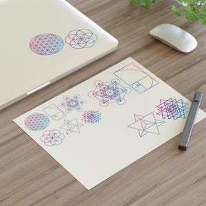Sacred Geometry Sticker Sheets, Spiritual Symbol Stickers, Flower of Life, Seed of Life, Metatron&#39;s Cube, Merkaba, Sri Yantra, Golden Ratio
