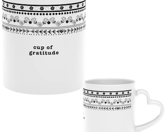 Gratitude Coffee Mug: Boho Chic Heart-Shaped Handle, 11oz Ceramic