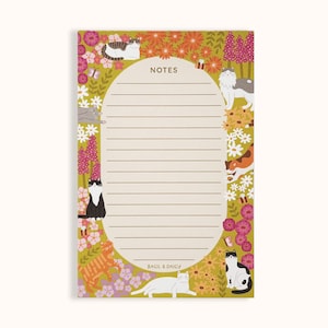 May include: A rectangular notepad with a central oval area for writing labeled NOTES. The border features a mustard yellow background with colorful illustrations of various cats, butterflies, and flowers in shades of pink, orange, and white. The text BASIL & DAISY is printed at the bottom.