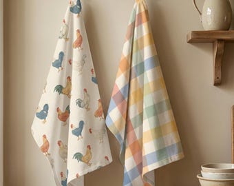 Farmhouse Tea Towel Chicken Kitchen Rooster Decor Country Cottage Housewarming Gift Hostess Spring Gingham Pattern Cream Pastel Decorative