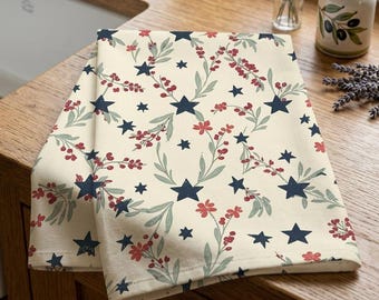Country Cottage Americana Tea Towel Patriotic Rustic Farmhouse Kitchen Decor Home Linen Cotton Towel Hostess Gift Housewarming Present