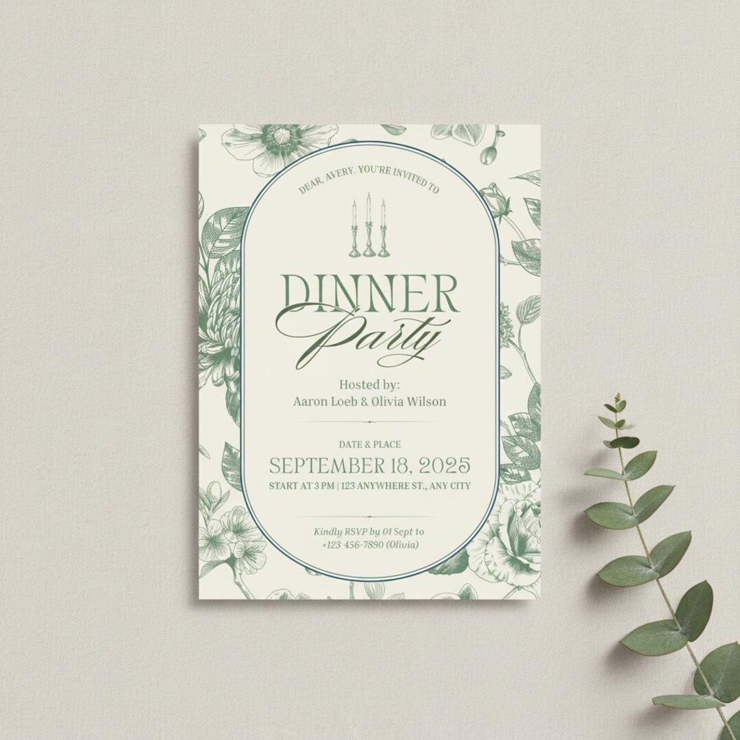 Sage Green Dinner Invitation Light Green Garden Party Template Classic ...