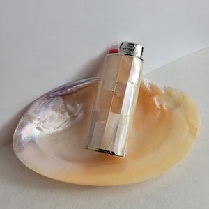 Peach Mother of Pearl Inlay Lightercase Handcrafted Shell Art Soft Peach and Honey tones