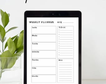 May include: A black and white weekly planner on a tablet screen. The planner has sections for each day of the week, a to-do list, and notes.