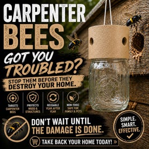 May include: A carpenter bee trap with a clear glass jar and a beige wooden top. The image includes text: "CARPENTER BEES GOT YOU TROUBLED?" and "STOP THEM BEFORE THEY DESTROY YOUR HOME." The trap is advertised as reusable and non-toxic, for family and pets.