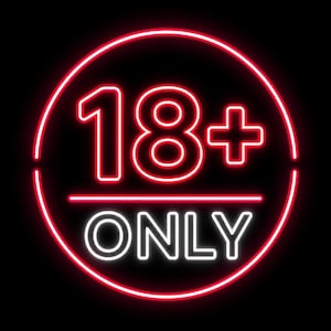 Pode incluir: Um letreiro de néon circular apresentando o texto vermelho brilhante 18+ posicionado acima do texto branco brilhante ONLY. Todo o design é envolvido por uma borda de néon circular vermelha brilhante contra um fundo preto, criando um contraste.