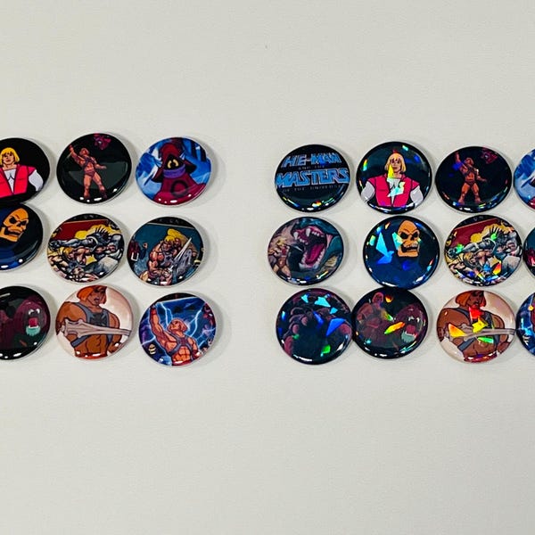 12 Pack Simple or Holographic Mix or Match He-Man Masters of The Universe Buttons Pinback Pin 1980s Toys Comics Party Favor Backpack Flair