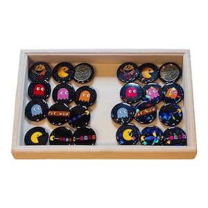 12 stuks 3,17 cm (1,25 inch) eenvoudige of holografische Pac-Man arcade pushback buttons, konijn Pac-Man retro fan geïnspireerd feestartikel