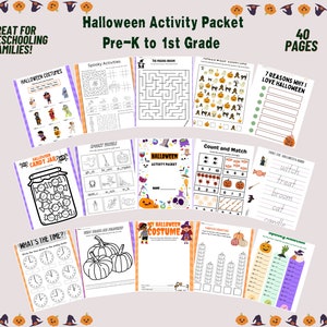 May include: A Halloween Activity Pack for Pre-K to 1st Grade, with 40 pages of activities. Includes pages with Halloween costumes, mazes, counting, and writing practice. Text reads: "Great for Homeschooling Families!"