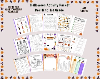 Puede incluir: Un paquete de actividades de Halloween para preescolar y 1er grado, con 40 páginas de actividades educativas. Incluye páginas con disfraces de Halloween, laberintos, conteo y práctica de escritura. El texto dice: "¡Ideal para familias que estudian en casa!"