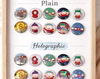 Zestaw 10 przypinek inspirowanych South Parkiem, 1,25 cala, przypinki, proste lub holograficzne, Cartman, Stan Kyle, Kenny, komedia, kreskówka, prezent