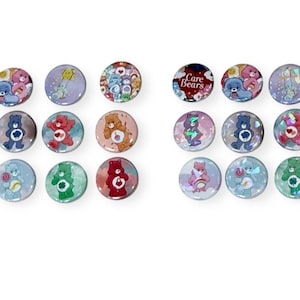 Zestaw 12 misiów Care Bears Mix/Dopasuj, proste lub holograficzne, inspirowane wachlarzem, 1,25 pinbacku, CareBear, kreskówki z lat 80.