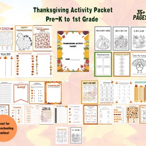 May include: A Thanksgiving activity packet for Pre-K to 1st grade with 35+ pages. The packet includes a variety of activities such as word searches, mazes, coloring pages, and more. The activities are all themed around Thanksgiving and feature images of turkeys, pumpkins, and other fall-themed items.