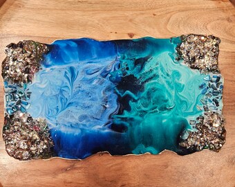 Multipurpose Resin Tray, Epoxied Serving Tray without Handles, Turquoise and Gold Resin Art Tray , Vanity Perfume Accessory Display