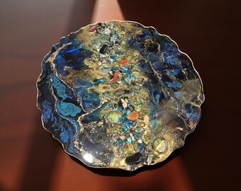Luxury Galaxy  Northern Lights Resin Tray | 13” Round | Glass & Jasper Art Piece