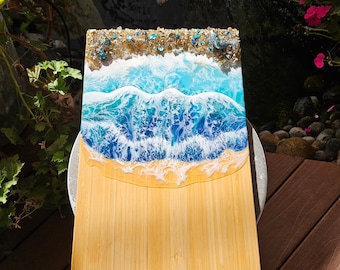 Charcuterie Board / Cheese board / Serving tray LARGE heavy 18"X10.5" with hand poured Resin ocean and waves, glass art whale and beach