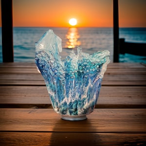 Resin Bowl/Vase. Resin Ocean Wave sculpture, Glass bowl Ocean, Ocean Art Handmade ART Glass Sea turtle and ocean