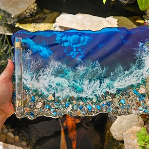 HANDMADE Large Decorative ocean and waves Resin tray glass Elegant Tray W/ Gold crystal Handles Perfume Tray Geode Resin Tray beach Coasters