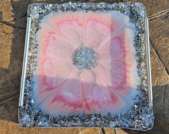 Resin Tray with handles  Bloom QUARTZ pink and silver epoxied tray, Large handmade epoxy resin tray with glass rim, Glam PINK decor