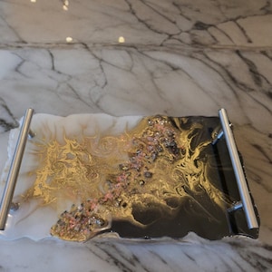 HANDMADE Large Decorative Resin tray Elegant Tray W/ Gold crystal Handles Perfume Tray Geode Resin Tray Coasters