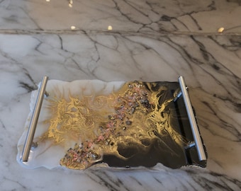 HANDMADE Large Decorative Resin tray Elegant Tray W/ Gold crystal Handles Perfume Tray Geode Resin Tray Coasters