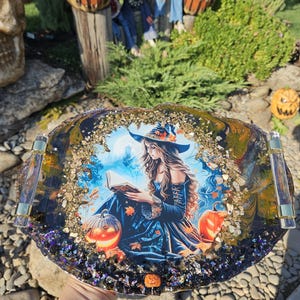 Handmade resin and glass tray , Halloween treat tray, halloween decor. Witch's and gothic decor Resin tray with handles. Resin art, gift her