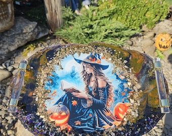 Handmade resin and glass tray , Halloween treat tray, halloween decor. Witch's and gothic decor Resin tray with handles. Resin art, gift her