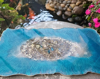 Multipurpose Resin Tray, Epoxied Serving Tray without Handles, Turquoise and Gold Resin Art Tray , Vanity Perfume Accessory Display