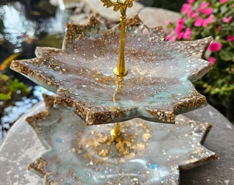 Tiered jewelry tray or dessert tray, handmade 2-tier display platter with glass rim, white and gold accents,  vanity tray for jewelry