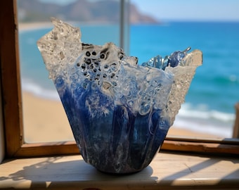 Resin Bowl/Vase. Resin Ocean Wave sculpture, Glass bowl Ocean, Handmade Ocean Art Handmade ART Glass Sea turtle and ocean
