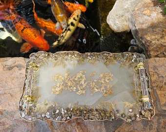 Multipurpose Resin Tray, Epoxied Serving Tray with Handles, Cream and Gold with Milky Resin Art Tray , Vanity Perfume Accessory Display