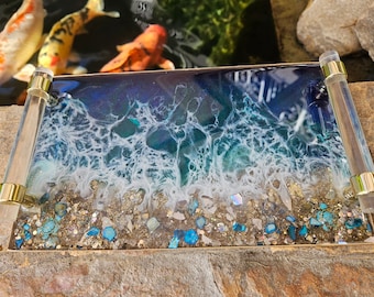 HANDMADE Large Decorative Ocean Resin tray glass Elegant Tray W/ Gold crystal Handles Perfume Tray Turquoise Geode Resin Tray beach Coasters