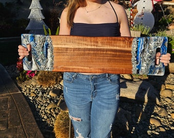 Extra Large Long Charcuterie Board / Cheese board / Serving tray with handles  Geode Silver black and white Resin tray Epoxied tray 31.5X9