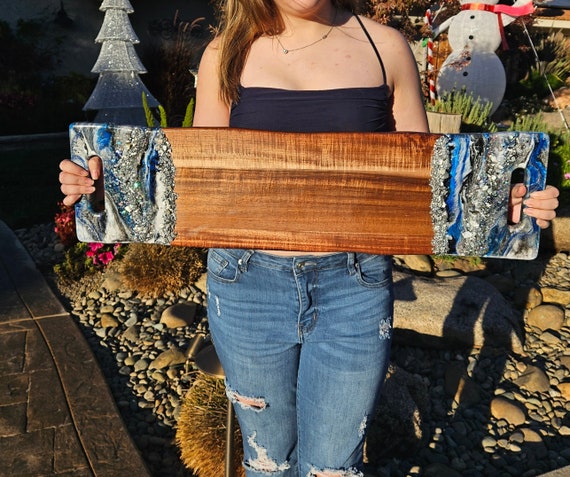 Extra Large Long Charcuterie Board / Cheese board / Serving tray with handles Geode Silver black and white Resin tray Epoxied tray 31.5X9