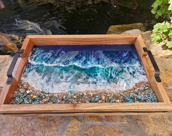 River Epoxy Charcuterie Board with Handles, BBQ Grazing Antipasto Board, Ottoman Appetizer Serving Tray with Handles. Best Holiday Gifts