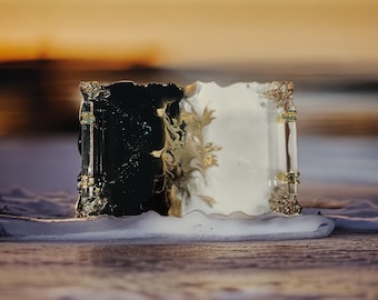 HANDMADE Large Decorative Resin tray Black and Gold with Glass accents Elegant Tray W/ Gold crystal Handles Perfume Tray Resin Tray Coasters