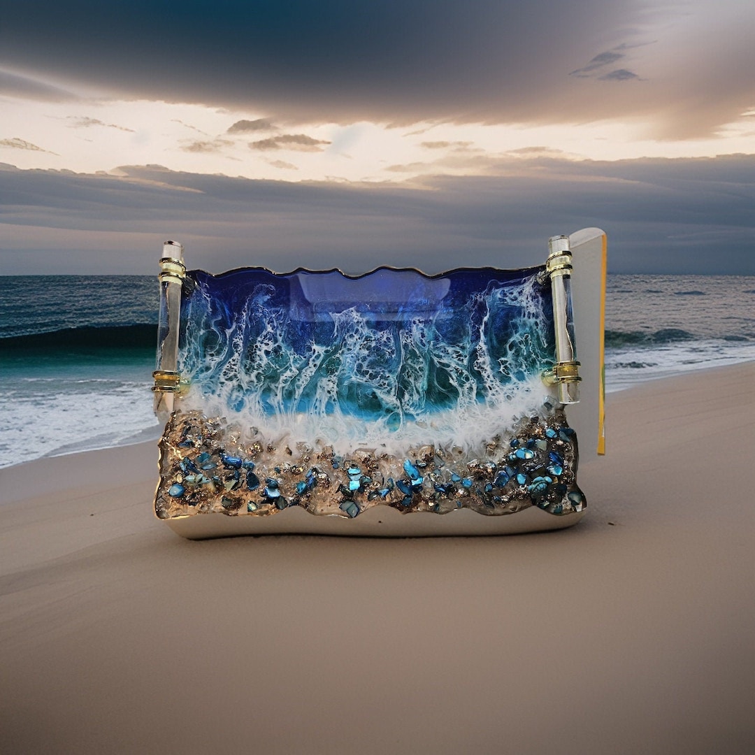 Image showcasing HANDMADE Large Decorative Ocean and Waves Resin Tray Glass Elegant Tray ...