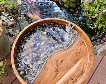 Huge luxury resin lazy Susan turntable centerpiece, geode agate table top serving decor. Modern black and white silver