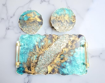 HANDMADE 14x8  Decorative Resin glass river tray epoxied tray Elegant Tray W/ Gold crystal Handles  Geode Resin Tray vanity  bathroom
