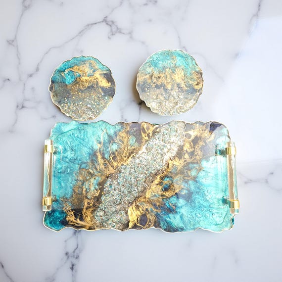 HANDMADE 14x8  Decorative Resin glass river tray epoxied tray Elegant Tray W/ Gold crystal Handles  Geode Resin Tray vanity  bathroom