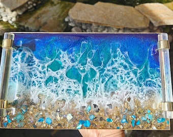 Resin tray with handles Ocean and waves epoxied resin tray with glass beach. Perfume vanity tray, ocean décor Handmade resin art