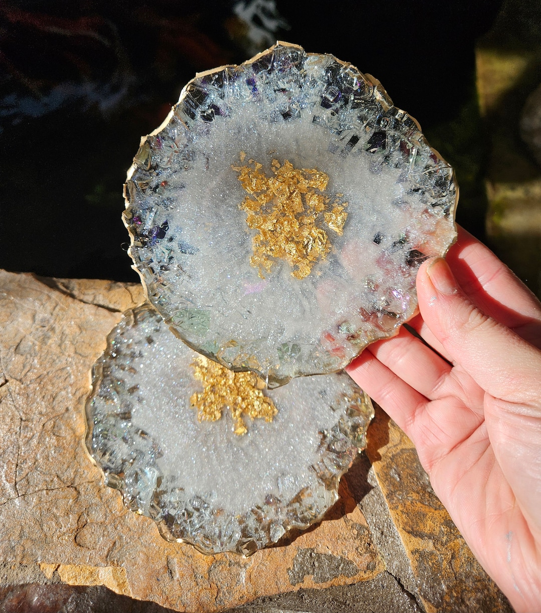 Large Gold and White Coasters With Color Changing Reflective Glass Rim